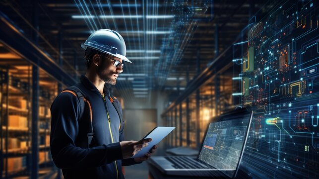 Portrait of an employee in a hard hat with a laptop who coordinates delivery at the warehouse and data center