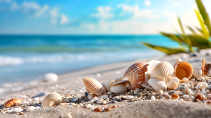 Fototapeta na wymiar Landscape with seashells on tropical beach 