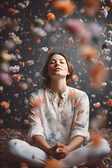 Girl in white clothes meditating on the background of flying multi-colored flowers