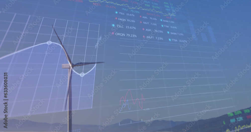 Poster image of financial data and graph over landscape with wind turbines
