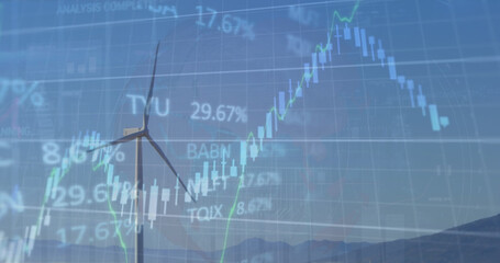 Image of financial data processing over wind turbine