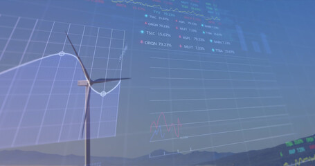 Image of financial data and graph over landscape with wind turbines