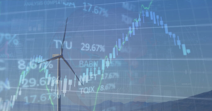Image of financial data processing over wind turbine