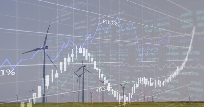 Image of financial data processing over wind turbines