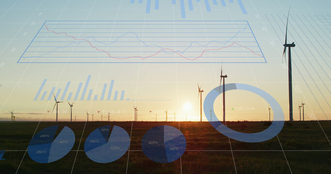 Image of financial data processing over wind turbines