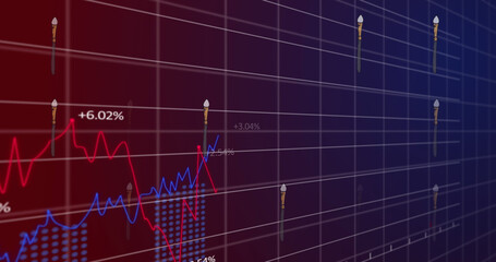 Image of statistical data processing over grid network against purple gradient background