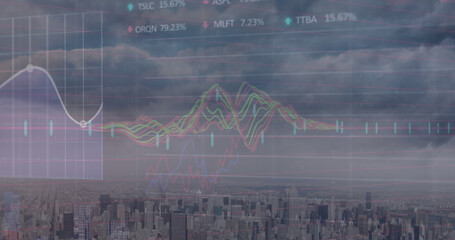 Image of statistical and stock market data processing against aerial view of cityscape
