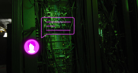Image of profile and message icon over back panel of data server rack in server room