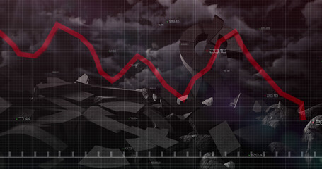 Image of red line and financial data processing over american dollar sign crumbled