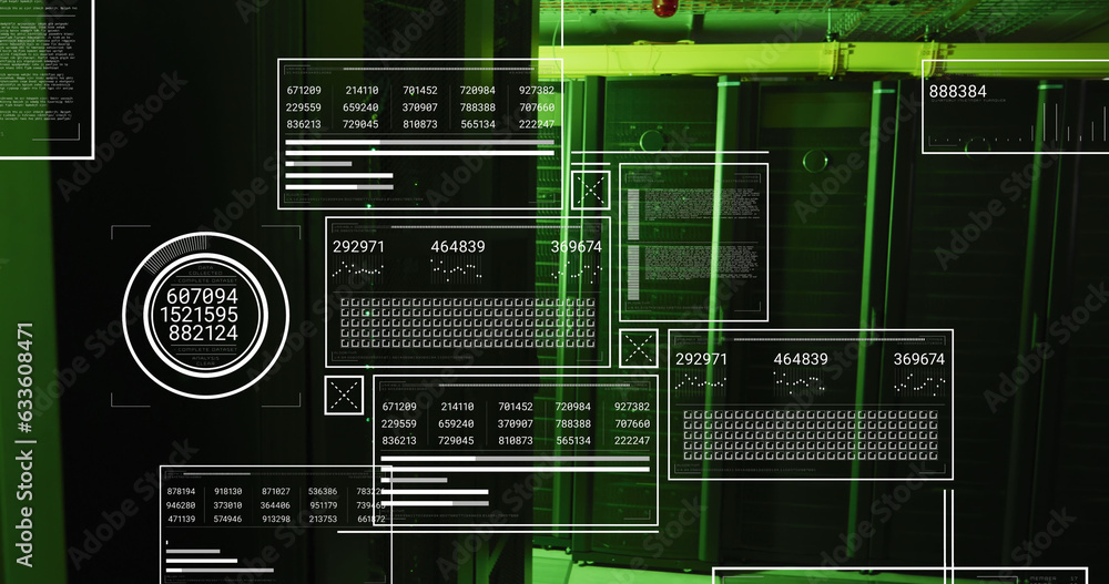 Poster image of hud screens with numbers, graphs and shapes over data server racks