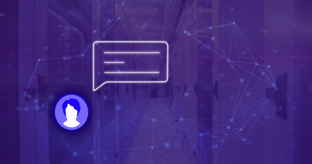 Image of icon with speech bubble and network of connections over server room