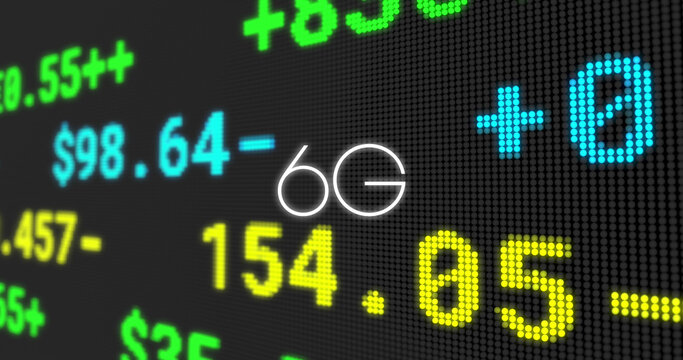 Image of 6g text banner over stock market data processing against black background - Powered by Adobe