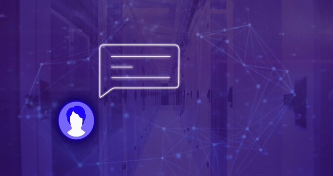 Image of icon with speech bubble and network of connections over server room - Powered by Adobe