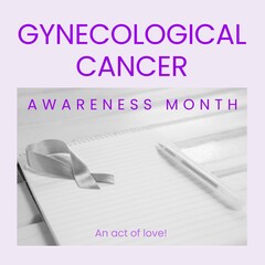 Composite of gynecological cancer awareness month over notebook with ribbon on grey background