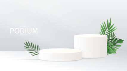 3D White Podium with Palm Leaf on Background products display , Abstract Vector rendering 3d, Product display presentation,Stage for showcase, Vector illustration EPS 10