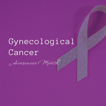 Composite of gynecological cancer awareness month over purple ribbon on purple background
