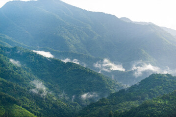 Spring morning at mountains and clouds, copy space for text.