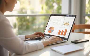 Information analysis. Working from her home office, the female economic analyst is performing financial assessments for the company, with graphs of sales and earnings showcased on her laptop.