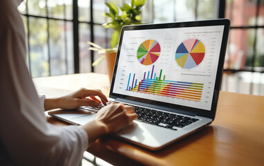 Information analysis. The economic analyst, a woman working from home, is engaged in corporate financial analysis, with charts illustrating sales and revenue visible on her laptop.