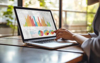 Information analysis. A female economic analyst working remotely is engaged in corporate financial analysis. The laptop is aiding the analysis with charts depicting sales and revenue.