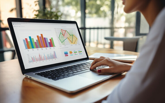Information analysis. The economic analyst, a woman working from home, is engaged in corporate financial analysis, with charts illustrating sales and revenue visible on her laptop.