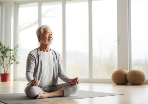 Ageless Serenity: Elderly Person Meditating in a Radiant Living Room. Generative A