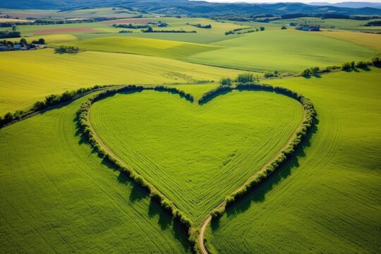 aerial view of a heart-shaped crop circle in cornfield
