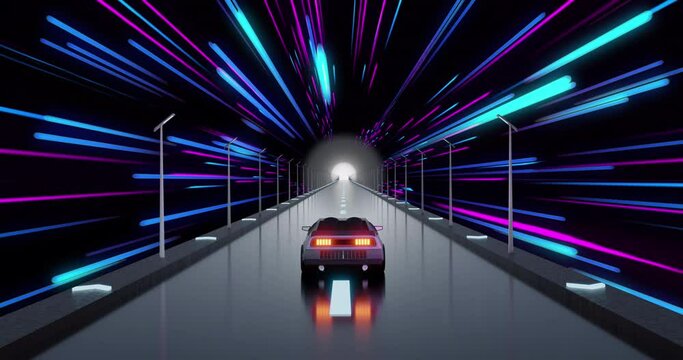 Animation of car video game over pink and blue neon light trails