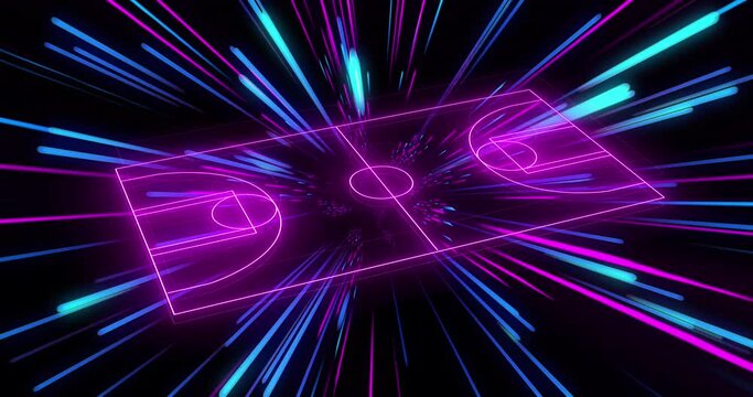 Animation of pink neon sports field over pink and blue neon light trails