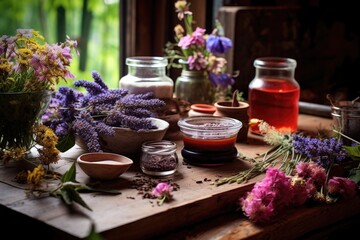 Obraz na płótnie Canvas aromatic tea herbs and flowers on a wooden table