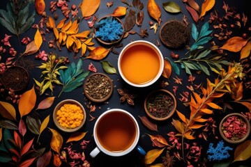 Obraz na płótnie Canvas artistic flat lay of tea set and colorful tea leaves