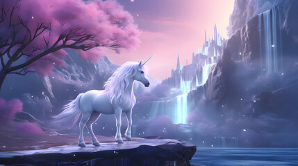 Beautiful unicorn in a magical forest background. Generative AI
