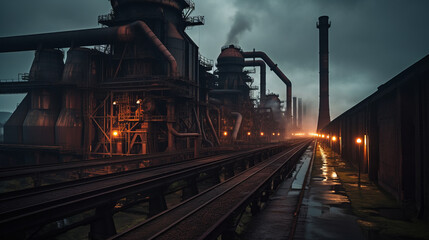 Gelände einer alten Stahlfabrik im Cyberpunk Stil vor dramatischem Himmel und apokalyptischer Umgebung - obrazy, fototapety, plakaty