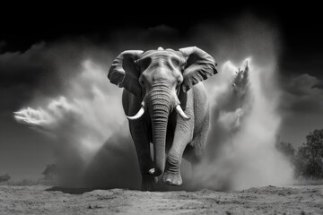 Fototapeta na wymiar dramatic black and white image of a charging bull elephant