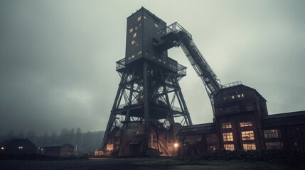 Fototapeta na wymiar Hoher industrieller Turm in einem fiktiven Stahlwerk in einer inszenierten düsteren grauen Welt