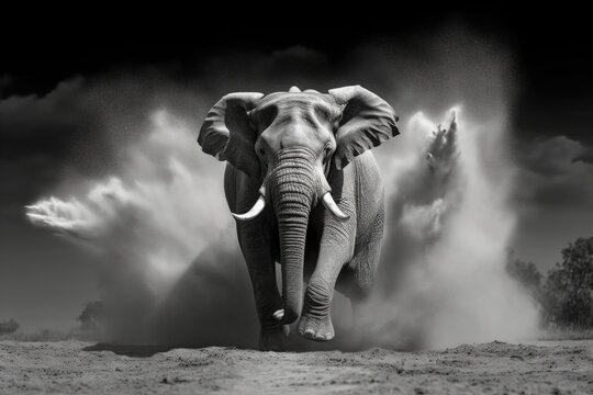 dramatic black and white image of a charging bull elephant