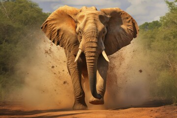 majestic bull elephant charging through open savannah