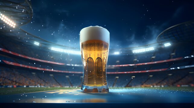 Cold beer on football stadium background. Generative AI