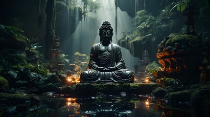 Buddha statue in forest background. Generative AI - obrazy, fototapety, plakaty