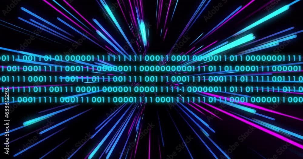 Poster animation of binary coding over pink and blue neon light trails