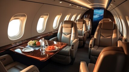 The interior of a luxurious private jet features plush leather seats and modern amenities, Private Jet.
