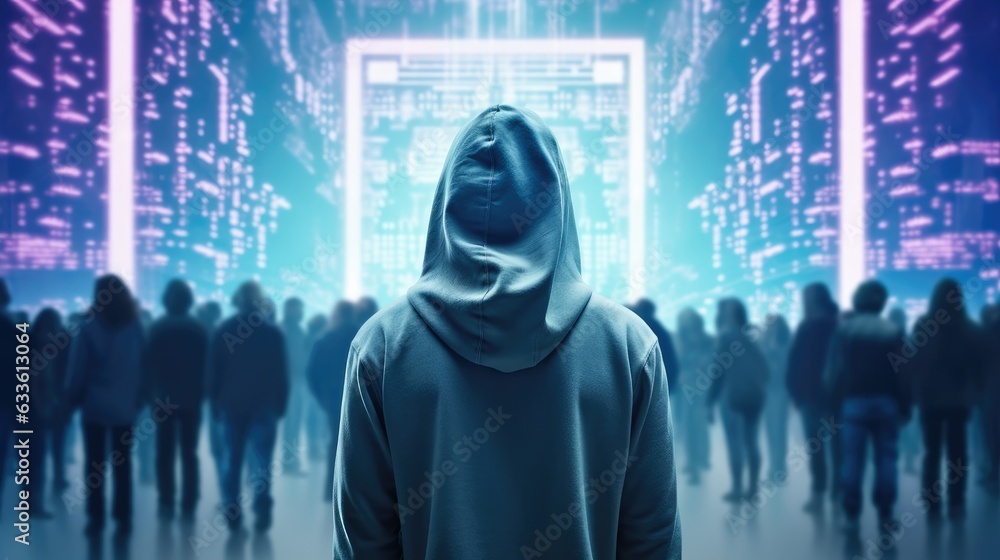 Leinwandbilder rear view, hacker stands amidst a hazy metaverse, information security terms cybersecurity concept, 