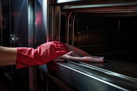 Gloved Hand Wiping The Oven Door Glass With Cloth