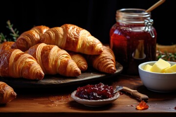 freshly baked croissants with butter and jam