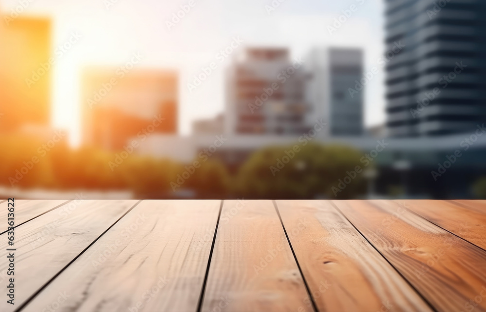 Poster Empty wood table top on blurred of office building background.