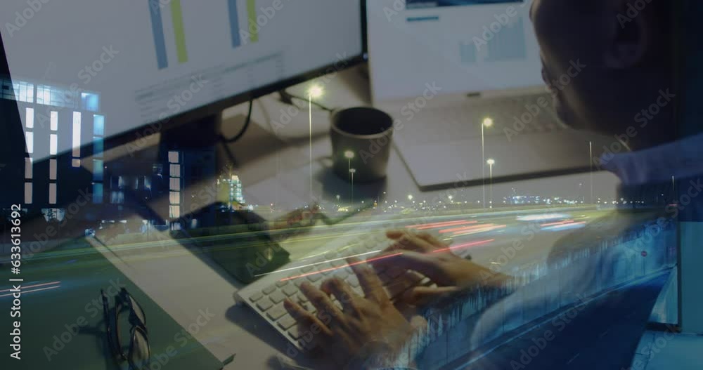 Poster animation of biracial businessman using computer over data processing and cityscape