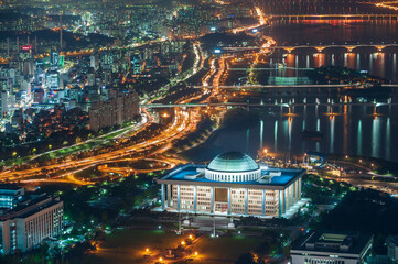 서울 국회의사당 한강 야경 - obrazy, fototapety, plakaty