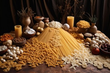 Fototapeta na wymiar variety of dry pasta shapes on table
