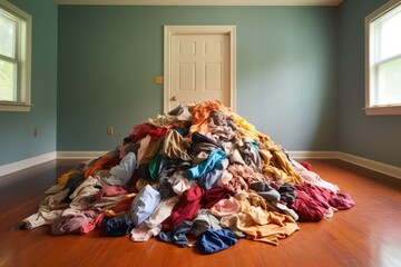 a pile of laundry sorted by color on the floor