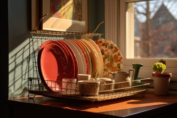 sunlit dish rack with drying dishes - obrazy, fototapety, plakaty